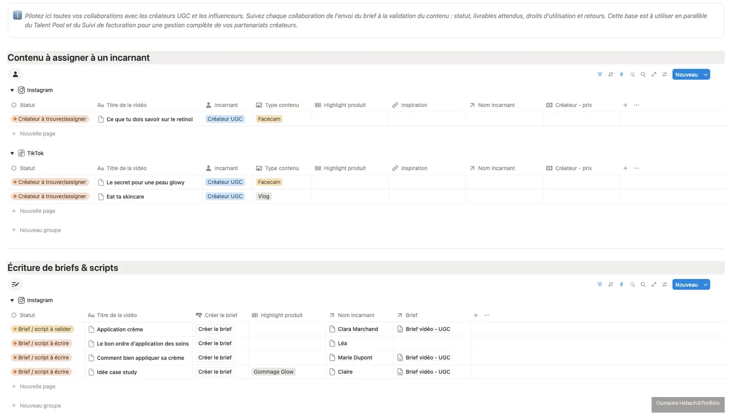 Vue métier dédiée aux créateurs : contenus à assigner et écriture des briefs et scripts.