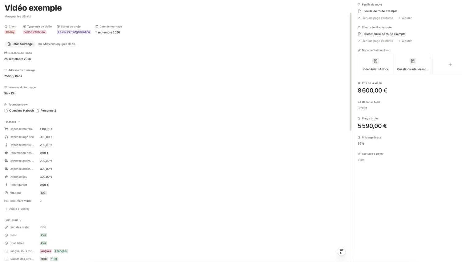 Fiche de production d'un tournage : client, typologie, statut, date, équipe, budget, dépenses et marge.