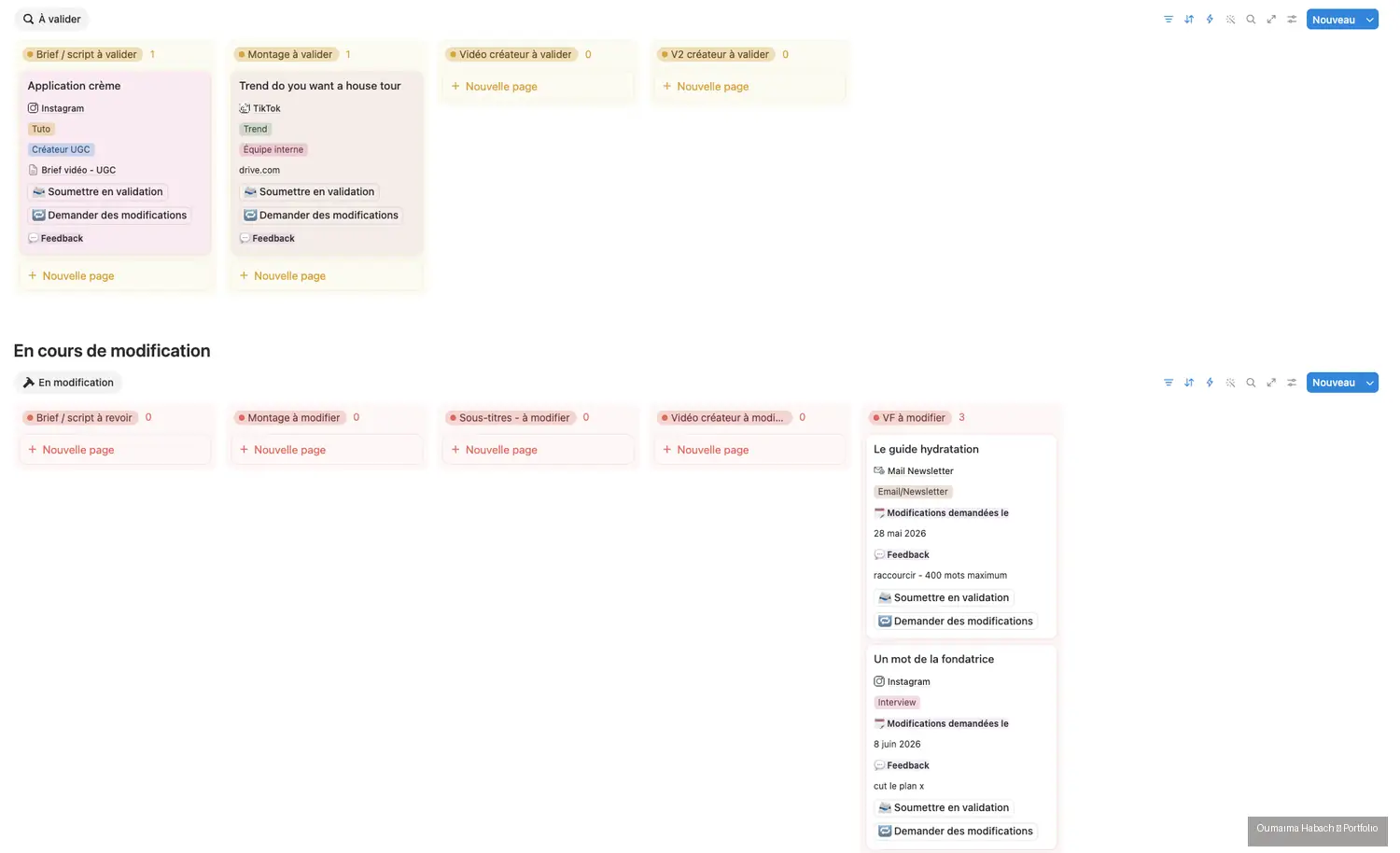 Vue de validation finale montrant les contenus à valider et ceux en cours de modification avec leurs retours.