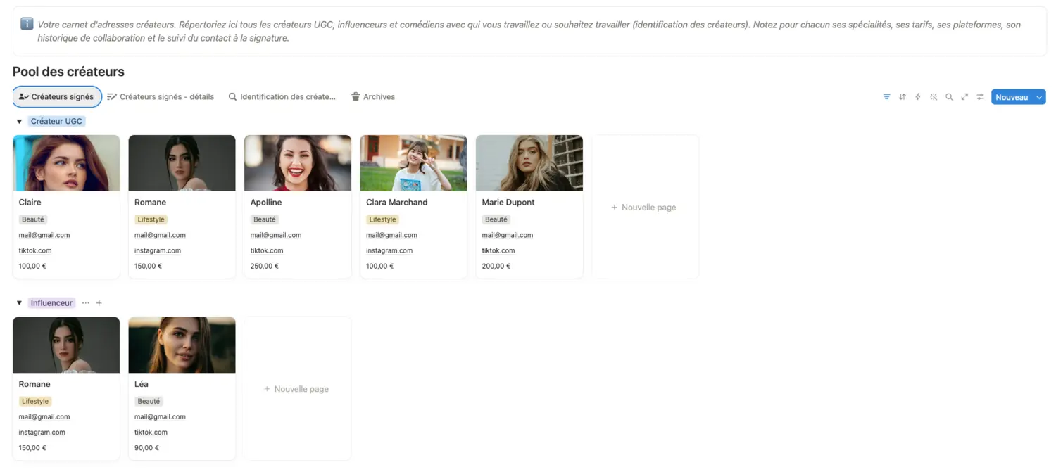 Carnet d'adresses des créateurs : fiches par créateur avec spécialité, plateformes, contact et tarifs.